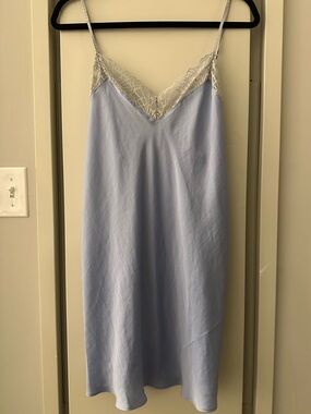 JOSIE Bardot Satin Chemise Lace-Trim Slip Dress in Light Blue NWT